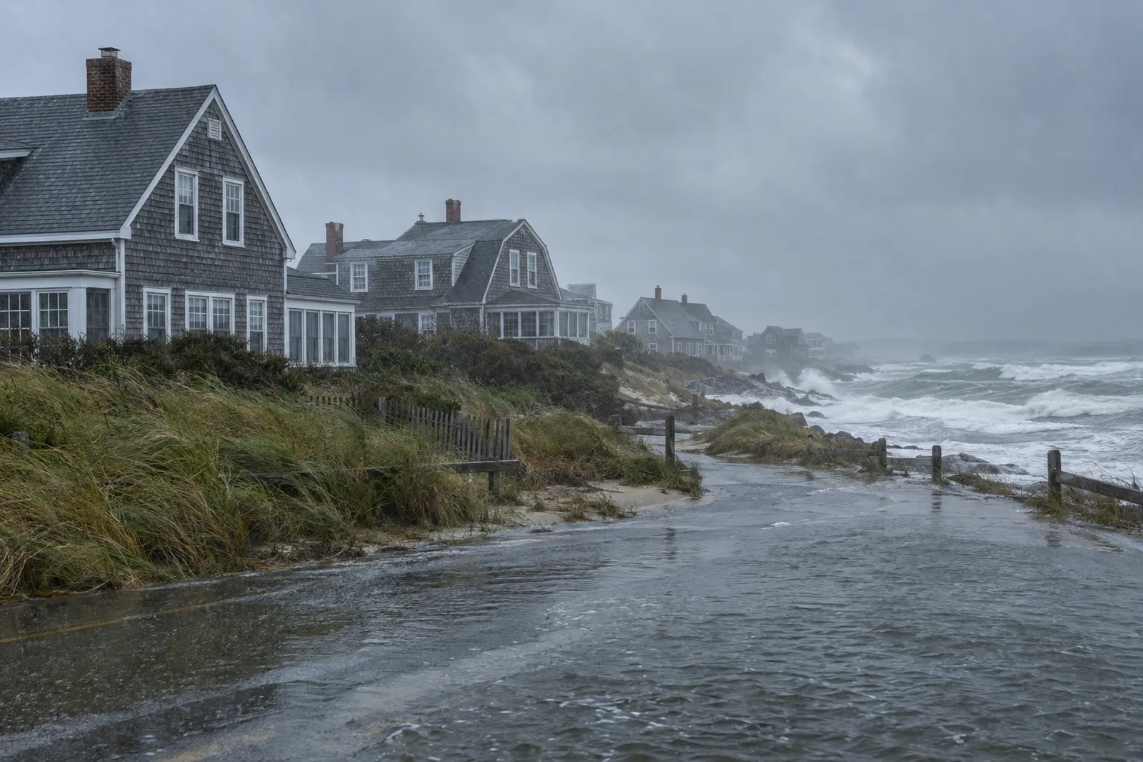 Cedar-shingle Cape Cod houses behind dunes during a nor'easter with a flooded road