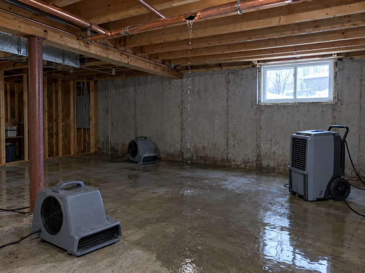 Drying equipment in a basement after a burst copper pipe